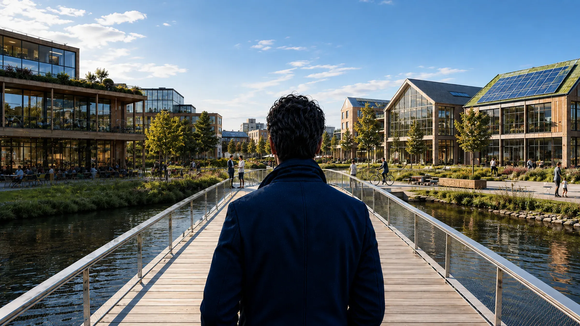Duurzame stadswijk aan het water, gezien vanaf een brug: houten kantoren met groendaken en zonnepanelen, en mensen die er samenkomen